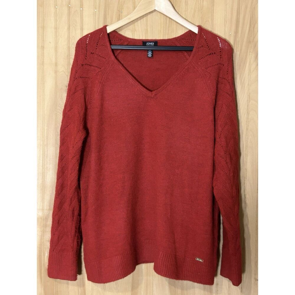 Jones New York Women's XL V-Neck Sweater Red Sweater Design on Sleeves